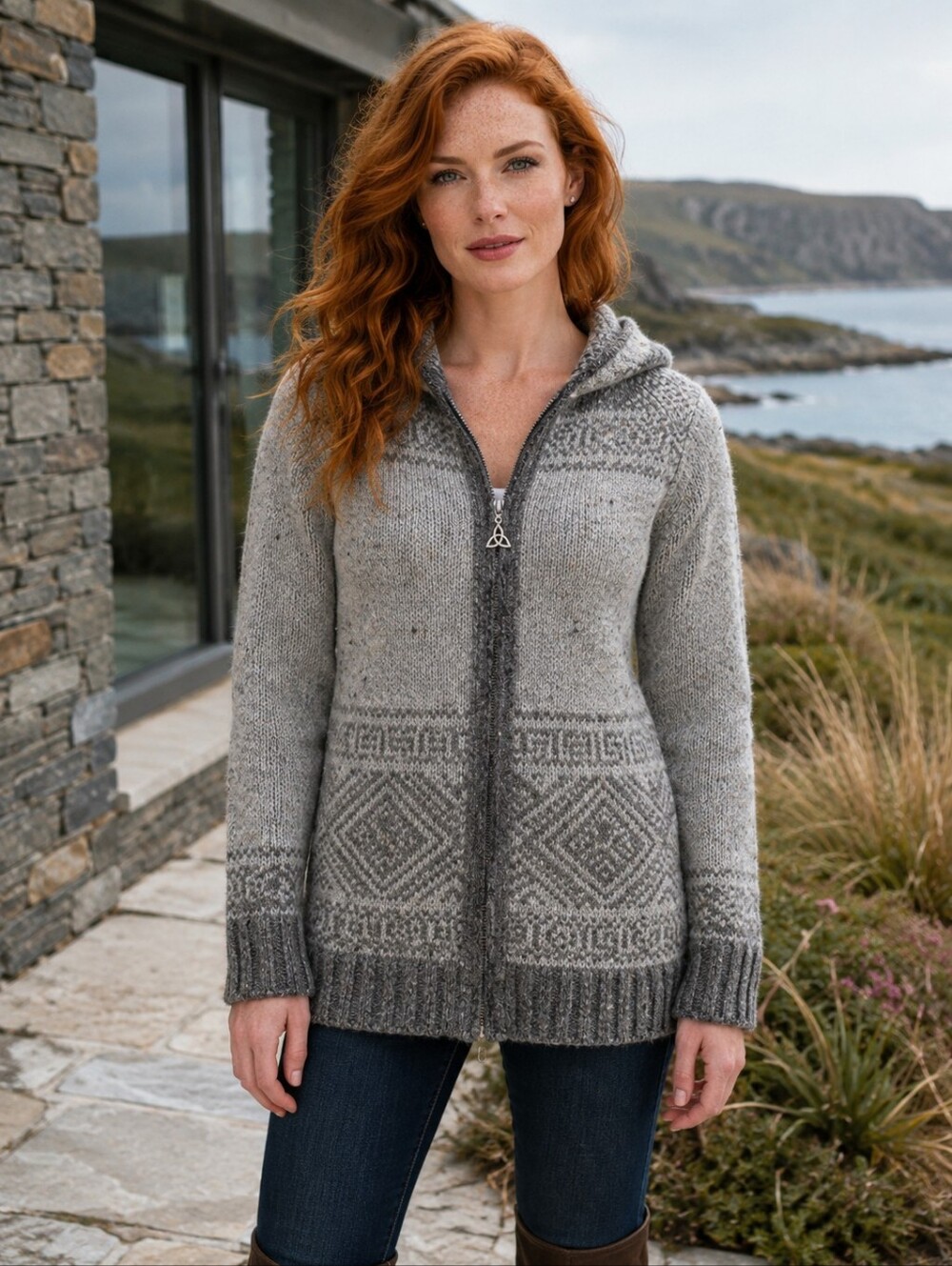 Inis Crafts Irish Wool Fair Isle Hooded Zip Cardigan S Made Ireland